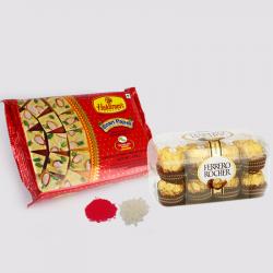 Bhai Dooj Sweets - Bhai Dooj for 16 pcs of Ferrero Rocher Chocolate with Soan Papdi Sweet