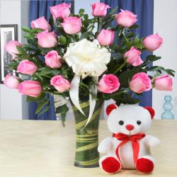 Vase Arrangement - Teddy Bear with Pink Roses Arranged in Glass Vase
