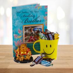 Send Imported Miniature Chocolates Smiley Mug with Laughing Buddha and Birthday Card For Bro To Kalyan