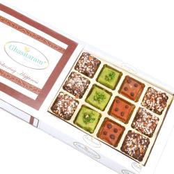 Assorted Sweets - Pista Barfi, Besan Barfi and English Brittle Chocolates In White Box