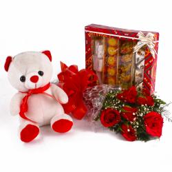 Send Assorted Sweet Box with Red Roses and Teddy Bear Combo To Mehsana