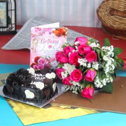 Cakes with Flowers - Birthday Cake Hamper of Pink Roses and Greeting Card