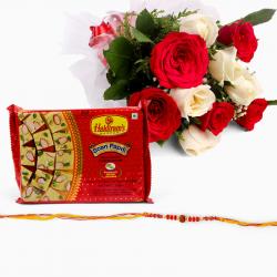 Mauli Rakhis - Bouquet of 10 Roses with Soan Papdi and Rakhi