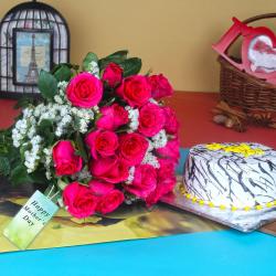 Mothers Day Gifts to Visakhapatnam - Bouquet of Pink Roses and Vanilla Cake for Mothers Day