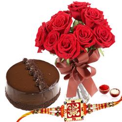 Zircon Rakhis - Chocolate Cake and Red Roses Vase with Rakhi