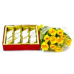 Kaju Katli - Bouquet of Ten Yellow Roses with Box of Kaju Barfi