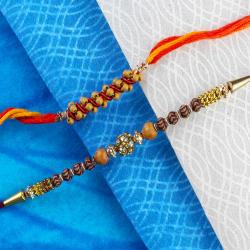 Set Of 2 Rakhis - Tiny Beads Rakhi with Diamond Studded Wooden Rakhi