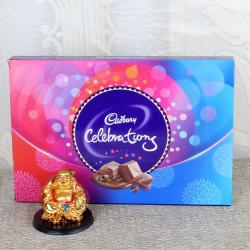 Good Luck Flowers - Laughing Buddha with Cadbury Celebrations Chocolate Pack