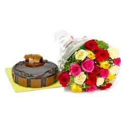 Flowers and Cake for Her - Colorful 20 Roses Bouquet with Chocolate Cake