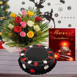 Chocolate Cake with Roses Bouquet and Christmas Card