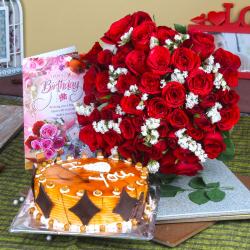 Cakes with Flowers - Red Roses and Butterscotch Cake with Birthday Greeting Card