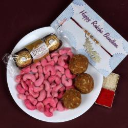 Rakhi Combos For Brothers - Rose Cashew Besan Ladoo with Ferrero Rocher Rakhi Gift 