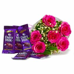 Chocolate with Flowers - Bunch of Six Pink Roses with Cadbury Dairy Milk Chocolate Bars