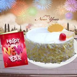 Send New Year Gift 1/2 Kg Pineapple Cake and New Year Greeting Card To Rajkot