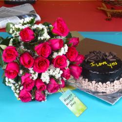 Mothers Day Gifts to Surat - Chocolate Cake and Pink Roses Bouquet for Mothers Day