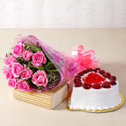 Send Bhai Dooj Gift Love Ten Special Pink Roses Bunch with Heart Shape Strawberry Cake To Rajsamand