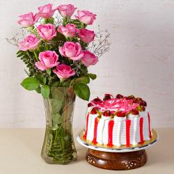 Flowers and Cake for Her - Strawberry Cake with Dozen Pink Roses in a Glass Vase