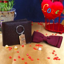 Valentine Romantic Hampers For Him - Marron Polyester Dual Bow with Mr.Right Key Chain and Brown Wallet