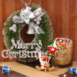 Christmas Decoration - Christmas Wreath with Designer Shadow Candle and Cute Toy Hanging