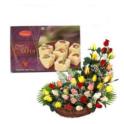 Flowers with Sweets - Basket of Mix Roses with Soan Papdi