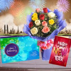 New Year Midnight Special Gifts - Cadbury Celebration Chocolates with Mix Roses Bouquet and New Year Card