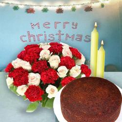 Christmas Flowers - Roses n Carnation Bouquet with Candles and Plum Cake Combo