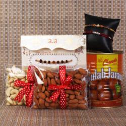 Handpicked Rakhi Gifts - Set of 3 Rakhis with Gulab Jamun and Cashew Almond