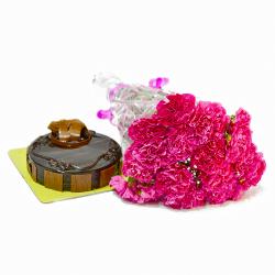 Flowers and Cake for Him - Fifteen Pink Carnation Bunch and Chocolate Cake