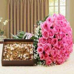 Womens Day Express Gifts Delivery - Hand Bouquet Pink Roses with Assorted Dry Fruits