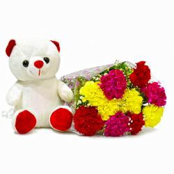 Flowers with Soft Toy - Bouquet of 10 Mix Carnations with Cute Soft Toy
