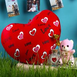 Mothers Day Gifts to Faridabad - Heart Shape Cushion and Golden rose with Teddy Bear for Mothers Day