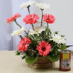 Flowers with Sweets - Rasgulla with Gerberas Flowers Arrangement