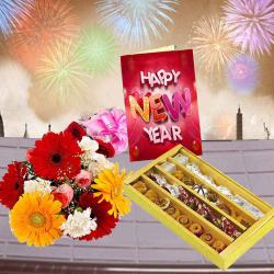 Send New Year Gift Assorted Sweets with Mix Flowers Bouquet and New Year Card To Faridabad