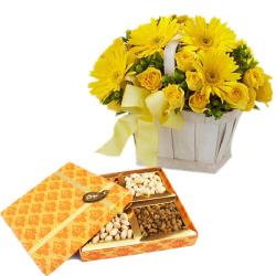 Flowers with Dry Fruits - Basket arrangement of Yellow flowers  with Dryfruits