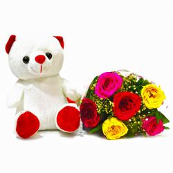 Send Bhai Dooj Gift 6 Mix Roses bouquet with Soft Toy Combo To Bhubaneshwar