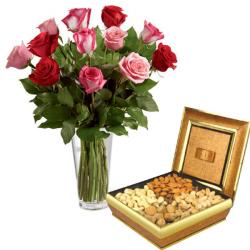 Karwa Chauth Gifts for Wife - Assorted Dryfruit with Roses Vase