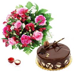 Bhai Dooj Gift Hampers - Bhai Dooj Special Chocolate Cake with Pink Flower Bouquet