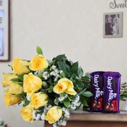 Birthday Gifts Midnight Delivery - Bouquet of Yellow Roses with Dairy Milk Chocolates