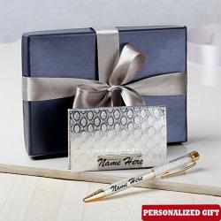 Anniversary Personalized Gifts - Customized Silver Color Card Holder and Pen