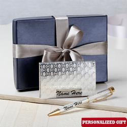 Personalized Photo Keepsakes - Customized Silver Color Card Holder and Pen