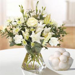 Send Flowers Gift Vase of White Flowers With Rasgulla To Cochin