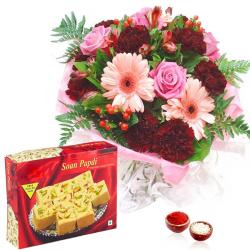Bhai Dooj Gift Combos - Mix Flowers Bouquet with Soan Papdi Box Bhai Dooj Hamper