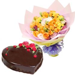 Flowers with Cake - Roses Bouquet With Heart Shape Cake