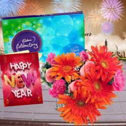 Cadbury Celebration Chocolates with Mix Flowers Bouquet and New Year Card