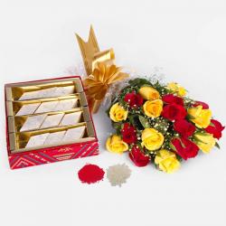 Bhai Dooj Sweets - Red and Yellow Roses Bouquet with Kaju Katli Sweets For Bhaiya