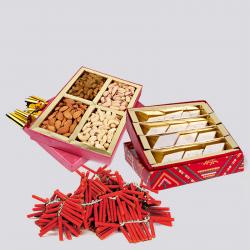 Kaju Katli Sweet and Assorted Dryfruits and Red Firecrackers