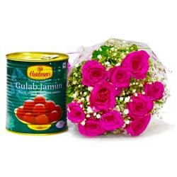 Send Delicious Gulab Jamuns with Bouquet of Pink Roses To Visakhapatnam