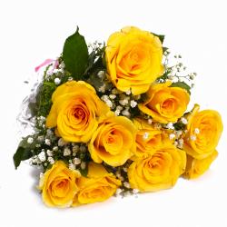 Bouquet Bunches - Ten Yellow Roses Hand Tied Cellophane Wrapped