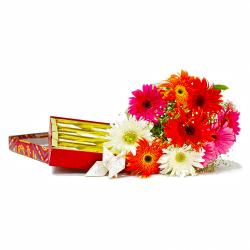 Send Ten Mix Color Gerberas Bouquet with Kaju Katli Box To Ernakulam