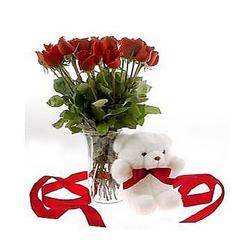 Cakes and Soft Toys - Red Roses with Teddy Bear